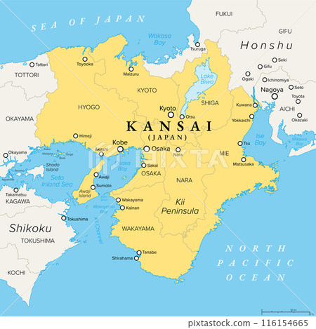 Kansai region, or the Kinki region in Japan, political map. Southern-central region of the main island Honshu, consisting of the prefectures Hyogo, Mie, Nara, Osaka, Kyoto, Shiga, and Wakayama. Vector Kansai region, or the Kinki region in Japan, political map. Southern-central region of the main island Honshu, consisting of the prefectures Hyogo, Mie, Nara, Osaka, Kyoto, Shiga, and Wakayama. Vector 116154665