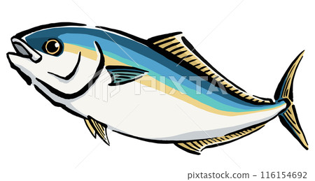 Hand-drawn illustration of a jumping yellowtail Hand-drawn illustration of a jumping yellowtail 116154692