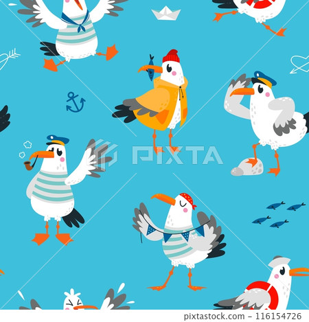Seagull seamless pattern. Ocean adventures fabric print, childish wrapping design with sailor seagulls. Sea characters, classy vector background 116154726