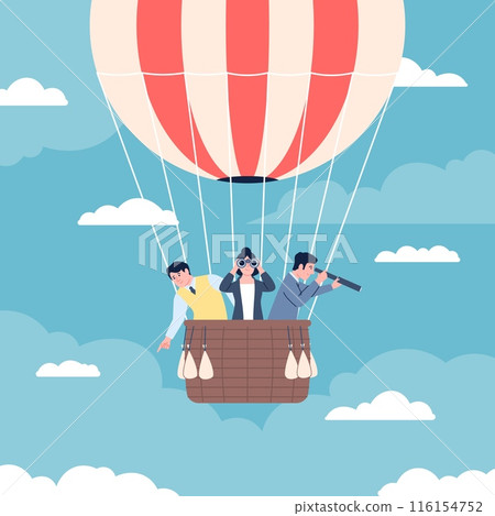 Business people on hot air balloon. Persons searching employers job or vacancy. Creative men women with binoculars and telescope, hunting recent vector concept 116154752