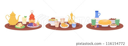 Arabian food on tray. Moroccan jugs and pots, crockery and cups. Festive iftar party dishes, fruits and cereals in bowls. Vector east meals set 116154772
