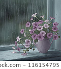 Image of a windowsill with flowers and a vase on the window, with rain falling outside 116154795