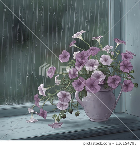 Image of a windowsill with flowers and a vase on the window, with rain falling outside 116154795