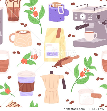 Coffee seamless pattern. Coffee drink in cup and mug. Espresso americano cappuccino, beverage to go. Fabric and wrapping print, racy vector background Coffee seamless pattern. Coffee drink in cup and mug. Espresso americano cappuccino, beverage to go. Fabric and wrapping print, racy vector background 116154797