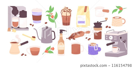 Coffee beans and makers. Mugs, to go cup, pack and topping. Macchiato espresso americano drinks. Morning energy beverages racy vector set 116154798