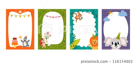 Kids birthday invitation party cards. Children frames with empty white space, cartoon animals and decorations. Banner flyer poster classy vector design 116154802