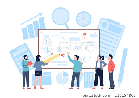 Strategic planning. Business team plan working process on whiteboard. Mistakes and right steps tactic corporate development, recent vector scene Strategic planning. Business team plan working process on whiteboard. Mistakes and right steps tactic corporate development, recent vector scene 116154803