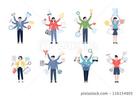 Multitasking business people. Female male with many hands holding different items. Finance banking administrative professionals, productive recent vector characters 116154805