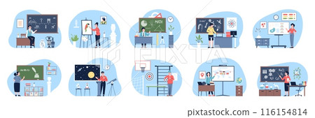 Teachers on lesson stand at blackboards. Lessons in school or college, art class language training and sport. Education studying recent vector scenes Teachers on lesson stand at blackboards. Lessons in school or college, art class language training and sport. Education studying recent vector scenes 116154814