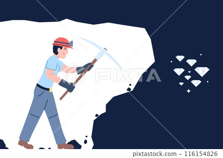 Miner at work digging tunnel. Metaphor of hard work, success and following goals. Man with man with pickaxe in mine, recent vector flat scene Miner at work digging tunnel. Metaphor of hard work, success and following goals. Man with man with pickaxe in mine, recent vector flat scene 116154826