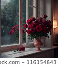 Image of flowers and vase on the window sill and rain outside 116154843