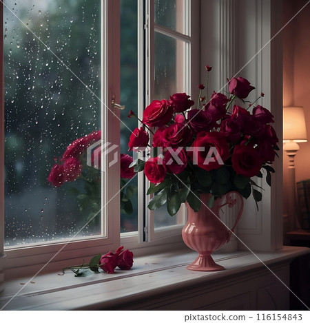 Image of flowers and vase on the window sill and rain outside 116154843