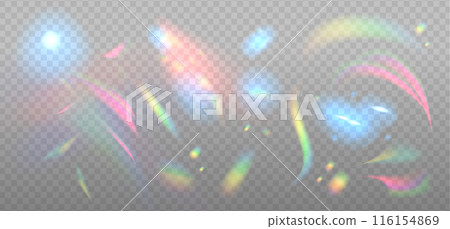 Sparkle glare reflection effect elements set. Optical rainbow glare Magic glow overlay. Vector colorful lenses and light flares with transparent effects. Overlay dispersion light rays. 116154869