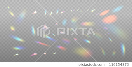 Big set of colorful crystal dispersion rainbow light and flare transparent effect elements. Overlay layer template. Triangular holographic glass prism concept. Vector eps10 116154873