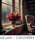 Image of flowers and vase on the window sill and rain outside 116154883