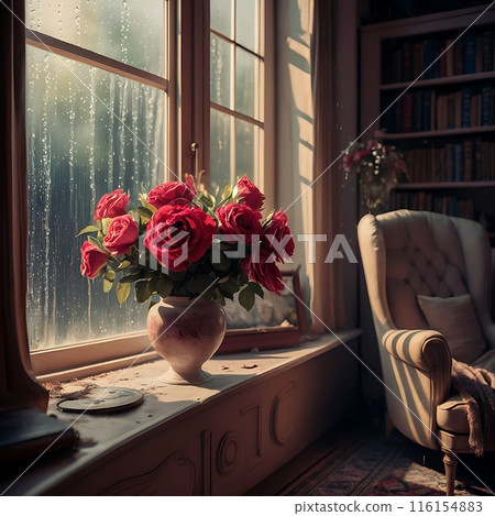 Image of flowers and vase on the window sill and rain outside 116154883