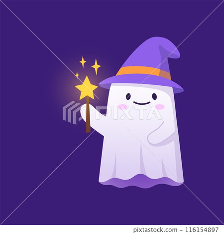 Halloween kawaii ghost character donning a charming witch hat and casting spell with a wand. Cute cartoon vector specter, exuding a delightful mix of spookiness and cuteness. Adorable spirit personage Halloween kawaii ghost character donning a charming witch hat and casting spell with a wand. Cute cartoon vector specter, exuding a delightful mix of spookiness and cuteness. Adorable spirit personage 116154897
