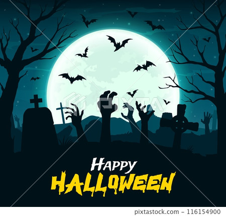 Zombie hands on Halloween night cemetery landscape. Happy Halloween horror background, fall season holiday or October party vector poster with living dead hands rising from underground on cemetery 116154900