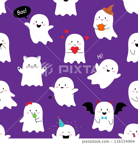 Halloween kawaii ghosts characters seamless pattern. Cartoon cute spirits and phantoms monsters vector background. Trick or treat holiday ghosts with cat face, bat wigs, devil horns and hearts pattern Halloween kawaii ghosts characters seamless pattern. Cartoon cute spirits and phantoms monsters vector background. Trick or treat holiday ghosts with cat face, bat wigs, devil horns and hearts pattern 116154904