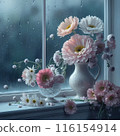 Image of flowers and vase on the window, small vase on the windowsill and rain outside 116154914