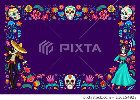 Dead Day Dia De Los Muertos Mexican holiday frame. Vector border with sugar skulls, flowers and characters of dancing Catrina and mariachi skeleton with a violin, celebrating the spirits of departed Dead Day Dia De Los Muertos Mexican holiday frame. Vector border with sugar skulls, flowers and characters of dancing Catrina and mariachi skeleton with a violin, celebrating the spirits of departed 116154922