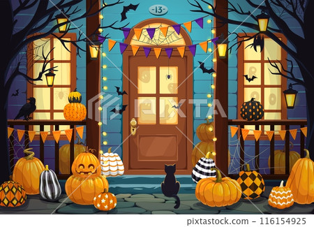 Halloween door porch with patterned pumpkins and scary ghosts silhouette behind windows, cartoon vector. Halloween holiday and trick or treat party with boo pumpkins, witch black cat and bats on door 116154925