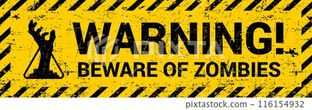 Zombie warning caution banner for Halloween horror night holiday, vector grunge background. Monster outbreak apocalypse yellow sign with zombie hand reaching out from ground for trick or treat party 116154932