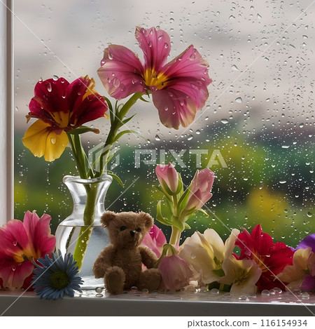Image of flowers and vase on the window sill with teddy bear and rain outside Image of flowers and vase on the window sill with teddy bear and rain outside 116154934