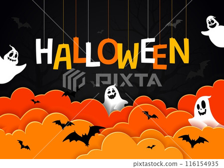 Halloween paper cut banner with hanging letters and flying ghosts, vector horror holiday. Funny ghosts characters, bats and trees Halloween trick or treat greeting card with 3d orange clouds border Halloween paper cut banner with hanging letters and flying ghosts, vector horror holiday. Funny ghosts characters, bats and trees Halloween trick or treat greeting card with 3d orange clouds border 116154935