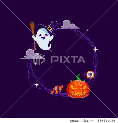 Halloween frame, vector round holiday border with kawaii friendly ghost sporting witch hat and broomstick. Festive border adorned with cute spook, smiling pumpkin, and an array of tempting sweets Halloween frame, vector round holiday border with kawaii friendly ghost sporting witch hat and broomstick. Festive border adorned with cute spook, smiling pumpkin, and an array of tempting sweets 116154936