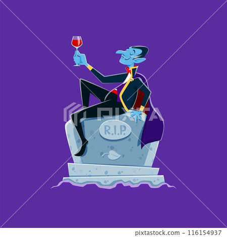 Cartoon Halloween scary Dracula character near tombstone. Vector spooky vampire, with sharp fangs and closed eyes, sips blood from a glass comfortably lying on weathered tomb, exuding a chilling aura 116154937