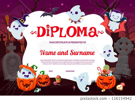 Halloween kids diploma with cartoon cute kawaii ghosts and tombstones on cemetery. Educational or graduation vector certificate with adorable spooks. Playschool honor trophy or award frame template Halloween kids diploma with cartoon cute kawaii ghosts and tombstones on cemetery. Educational or graduation vector certificate with adorable spooks. Playschool honor trophy or award frame template 116154942