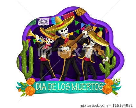 Mexican day of the dead dia de los muertos paper cut with skeleton mariachi musicians and marigold flowers. Vector traditional festive papercut art with skeleton artists, papel picado flags, tagetes 116154951
