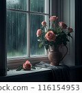 Image of flowers and vase on the window sill and rain outside 116154953