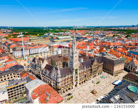 Marienplatz aerial panoramic view in Munich city, Germany 116155000