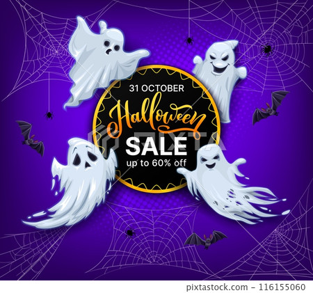 Cartoon Halloween ghost with cobweb and bats. Fall season seasonal price drop, Halloween sale vector promo flyer layout with flying ghosts or spirits scary character, spiders hanging on web and bats 116155060