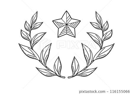 Winner laurel wreath in linear style. Branches with leaves in the shape of a semicircle with a star. Vector hand drawn illustration of victory attribute Winner laurel wreath in linear style. Branches with leaves in the shape of a semicircle with a star. Vector hand drawn illustration of victory attribute 116155066