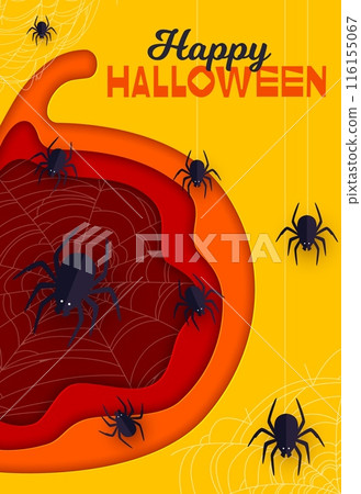 Halloween paper cut spiders and cobweb on pumpkin, casting a spooky yet playful atmosphere for the celebration. Vector banner with creepy arachnid insects crawling around of gourd shaped 3d frame 116155067