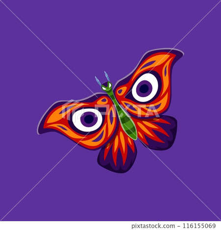 Cartoon Halloween butterfly character. isolated vector moth with eyes pattern on colorful on open wings. Magic, occult, witchcraft, esoteric symbol, mystical insect peacock-eye butterfly Cartoon Halloween butterfly character. isolated vector moth with eyes pattern on colorful on open wings. Magic, occult, witchcraft, esoteric symbol, mystical insect peacock-eye butterfly 116155069