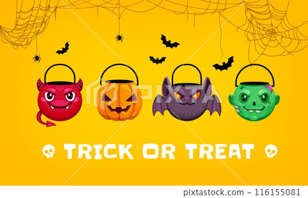 Halloween banner with holiday sweets buckets for trick or treat party, vector background. Horror night cartoon spooky pumpkin lantern, zombie and devil with bat as cauldron pots for Halloween candies Halloween banner with holiday sweets buckets for trick or treat party, vector background. Horror night cartoon spooky pumpkin lantern, zombie and devil with bat as cauldron pots for Halloween candies 116155081
