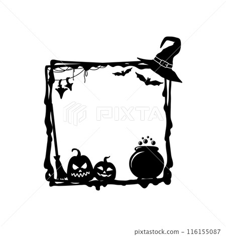 Halloween grunge black frame. Weathered and eerie vector square border with the witch hat, cauldron, pumpkins and broom, bats, amanita and cobwebs, encases the spectral essence of the spooky season 116155087