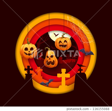 Halloween paper cut banner. Halloween holiday celebration season round vector sticker or papercut print with hanging on rope pumpkin lanterns, spider cobweb and night cemetery crosses silhouettes 116155088