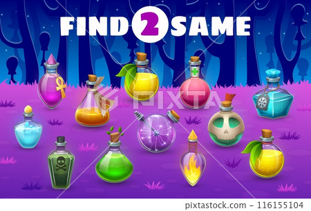 Find two same Halloween magic potion bottles, kids game worksheet. Vector educational riddle for children with cartoon colorful glass flasks filled with glowing brews in night mysterious forest Find two same Halloween magic potion bottles, kids game worksheet. Vector educational riddle for children with cartoon colorful glass flasks filled with glowing brews in night mysterious forest 116155104