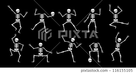 Halloween skeleton dance. Vector set of funny characters in different poses. Creepy skeletons, dead personages dancing, squatting, juggling skull, and playing, animation sequence frame, game sprite 116155105