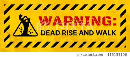 Zombie warning caution vector poster of Halloween horror holiday. Apocalypse warning, biohazard outbreak, dead monster attack beware sign with silhouette of zombie hand on grunge yellow background 116155106