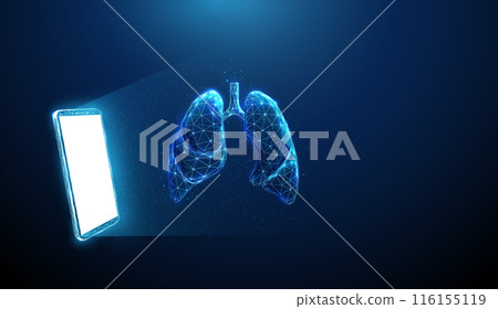Abstract blue mobile phone, white screen and human lungs. Telemedicine, healthcare medical concept. Low poly futuristic technology digital style. Geometric background Wireframe light structure Vector. 116155119