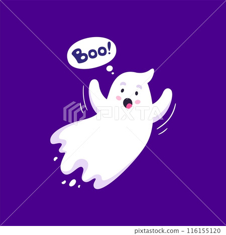Funny cartoon Halloween kawaii ghost character with cute mischievous face and raised arms saying boo. Vector charming, spooky and adorable spirit flying at holiday night and playfully frighten 116155120
