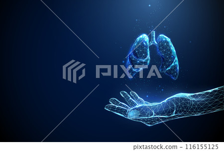 Abstract giving hand with blue human lungs. Healthcare medical concept. Low poly futuristic technology digital neon style. Geometric background. Wireframe light connection structure. 3d graphic Vector 116155125
