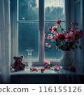 Image of flowers, vase and teddy bear on the window sill, with rain outside 116155126