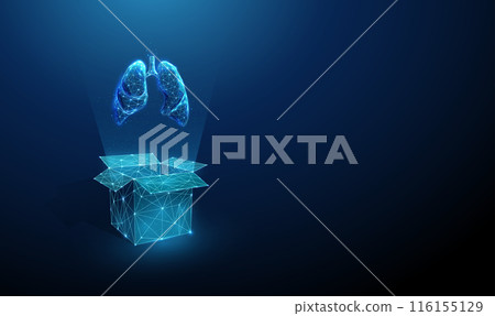 Abstract blue open box and human lungs. Organ transplantation concept. Low poly futuristic digital technology neon style. Geometric background. Wireframe light connection structure. 3d graphic. Vector 116155129